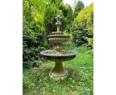 LARGE TIERED RECONSTITUTED STONE GARDEN FOUNTAIN, largest basin 150cms (w)Provenance: The Cornelia Bayley Collection from Pla