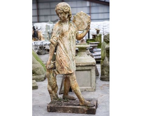 PAINTED CAST IRON CLASSICAL FIGURE OF A GOATHERD, with tambourine and kid goat, on plinth base, 129cms (h)Provenance: The Cor
