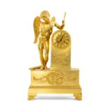 EMPIRE STYLE GILT BRONZE FIGURAL MANTEL CLOCK, with cupid surmount holding arrow, on plinth base