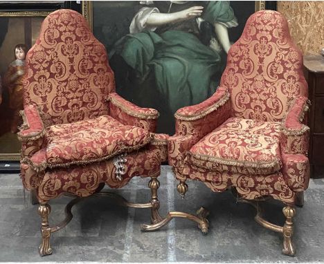 PAIR OF WILLIAM & MARY STYLE ARMCHAIRS, arched padded backs, scrolled arms, and loose cushion seats, red and gold brocade uph