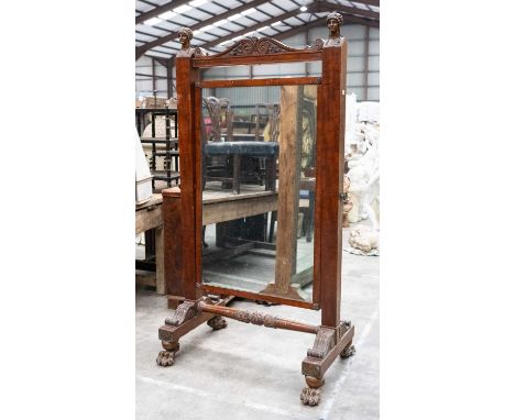 GEORGE IV MAHOGANY CHEVAL MIRROR, scrolled cresting rail between cast metal Greek female bust finials (possibly later), hinge