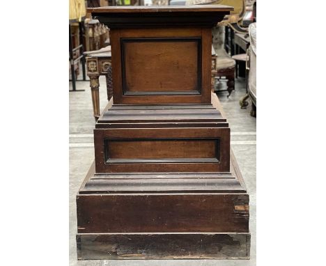 SUBSTANTIAL 19TH C. MAHOGANY PEDESTAL, stepped form with panelled front, 130 (h) x 90 (w) x 90cms (d0Comments: base veneers d