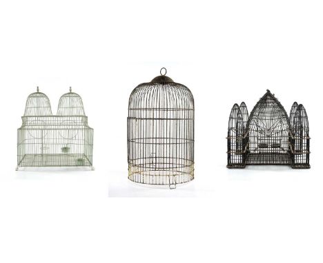 THREE VINTAGE BIRDCAGES, painted metal, 86cms the tallestProvenance: The Cornelia Bayley Collection from Plas Teg, an importa