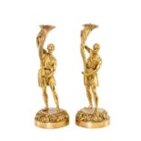 PAIR 19th C. STYLE GILT BRONZE FIGURAL TABLE LAMPS, standing figures holding cornucopia, 45cms (