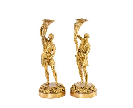 PAIR 19th C. STYLE GILT BRONZE FIGURAL TABLE LAMPS, standing figures holding cornucopia, 45cms (h) (2)Provenance: The Corneli