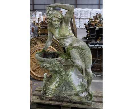 LARGE MOULDED CONCRETE FIGURAL BIRD BATH, modelled as maiden with roses in her hair, semi-draped and resting on a pedestal si