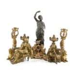 ASSORTED GILT METAL ORNAMENTS, including pair of chinoiserie figural candlesticks, 40cms (h), pair