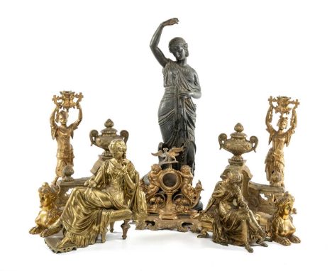 ASSORTED GILT METAL ORNAMENTS, including pair of chinoiserie figural candlesticks, 40cms (h), pair of chenets, pair of sphinx
