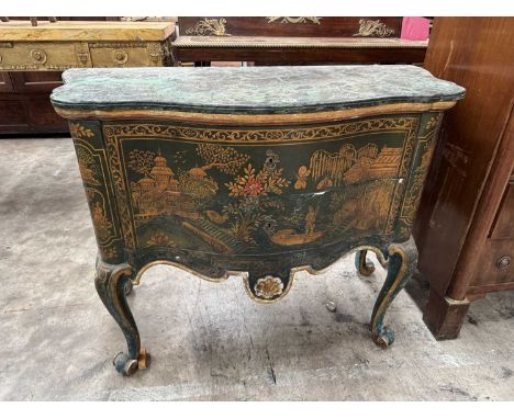 FRENCH GILT JAPANNED SERPENTINE COMMODE, shallow relief landscape decoration, cabriole legs with scroll feet, shaped variegat