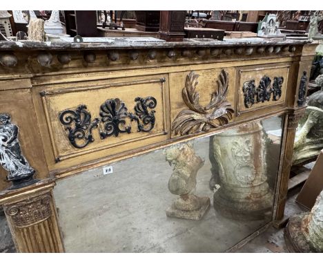 CENTURY GILT FRAMED RECTANGULAR OVERMANTEL MIRROR, cornice with applied balls, decorated frieze, Corinthian columns flanking 