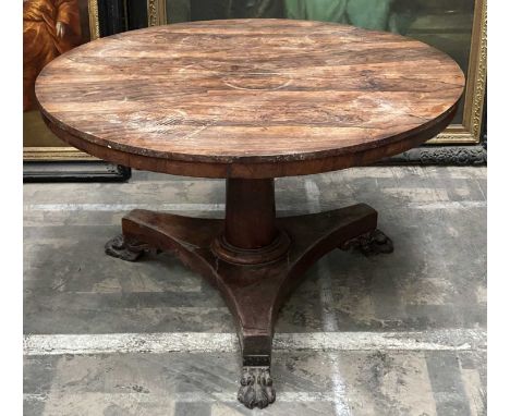 EARLY VICTORIAN ROSEWOOD BREAKFAST TABLE, tilt-action top, column support, concave platform base, lion's paw feet, 74 (h) x 1