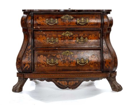 18TH C. STYLE DUTCH MARQUETRY BOMBE COMMODE, top inlaid with recumbent putti and flowers, outset canted corners, claw and bal