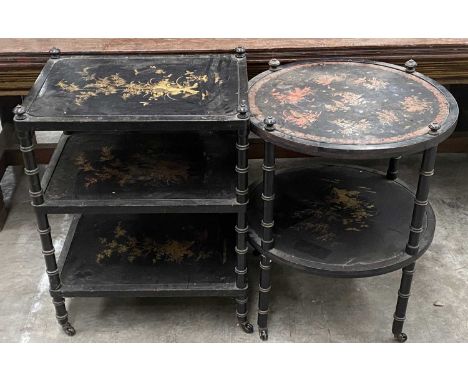 TWO BLACK & GOLD LACQUER TEA TROLLEYS, chinoiserie decorated with Oriental flowers between simulated bamboo uprights, casters