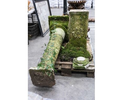 CARVED SANDSTONE IONIC COLUMN, with sphere finial, on rectangular section pedestal and stepped base, approx. 245cms (h)Commen