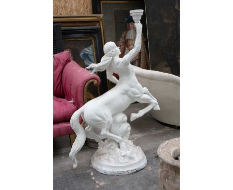 PAINTED METAL FIGURE OF A CENTAUR, holding up a light, 133cms (h) to fittingProvenance: The Cornelia Bayley Collection from P