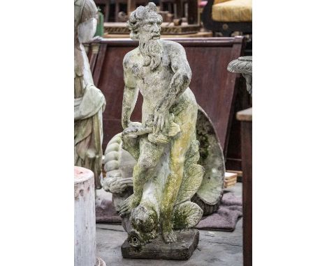 RECONSTITUTED STONE FIGURAL FOUNTAIN OF NEPTUNE, standing beside a dolphin and water plants, plinth base, 130cms (h)Provenanc