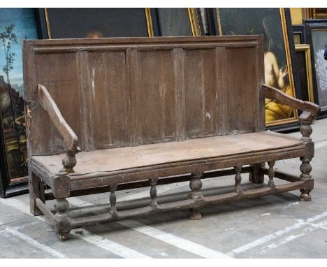 JOINED OAK SETTLE, early 19th C., high panelled back, turned legs, down swept arms, peripheral stretchers, 106 (h) x 174 (w) 