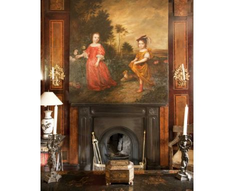 G. THOMPSON oil on canvas - reproduction double portrait of two children and their playful dog, signed, 178 x 158cmsProvenanc