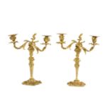 PAIR 19th C. FRENCH GILT BRONZE TWO-BRANCH CANDELABRA, acanthus scrolled arms above satyr bust stems