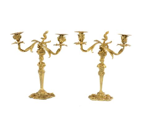 PAIR 19th C. FRENCH GILT BRONZE TWO-BRANCH CANDELABRA, acanthus scrolled arms above satyr bust stems on naturalistic bases, 4