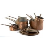 LARGE QUANTITY OF COPPER KITCHEN WARE, mostly saucepans with covers, largest vessel 31cms (diam.) (