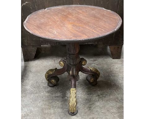 REGENCY STYLE MAHOGANY PEDESTAL TABLE, tripod parcel gilt legs, pad feet, 63cms (h)Comments: some gashes & losses therefore t