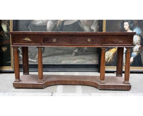 REGENCY PARCEL-GILT MAHOGANY SERVING TABLE, three frieze drawers, on turned front columns and concave platform base, 94 (h) x