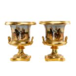 PAIR EMPIRE STYLE PORCELAIN CAMPANA VASES, painted on one face with soldiers on horseback,