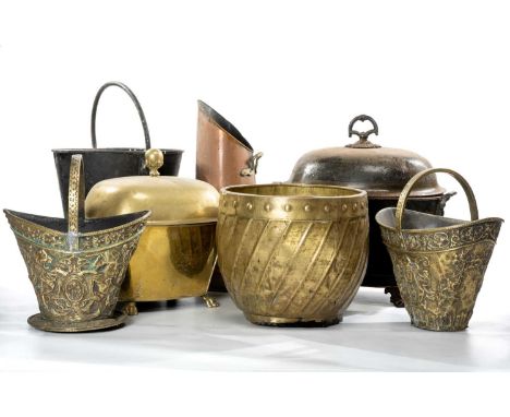 ASSORTED LOG BINS, including 19th century tole painted oval bin and cover with cast metal handles and feet (6)Comments: condi