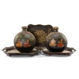 PAINTED METAL ORNAMENTS, comprising pair of Indian Mughal style flasks, 43cms (h), and graduated set