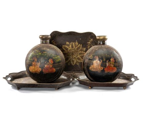 PAINTED METAL ORNAMENTS, comprising pair of Indian Mughal style flasks, 43cms (h), and graduated set of tea trays with gilt a