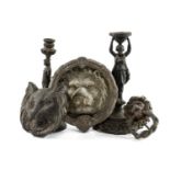 ASSORTED DECORATIVE METALWARE, including large lion mask door knocker, pair of figural chenets,