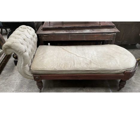 TWO CHAISES / DAYBEDS, one Regency style mahogany chaise upholstered in pale brown velour, loose cushion, scrolled button bac