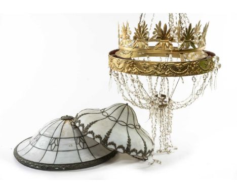 THREE CEILING LIGHTS, comprising two opaque white glass plafonniers in pressed white metal frames, largest 60cms (diam.), and