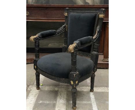 WILLIAM IV STYLE PARCEL-GILT & EBONISED ARMCHAIR, foliate carved detailing, black velvet upholstery, 91cms (h)Comments: lacki