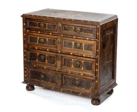 LATE 17TH C. STYLE OYSTER VENEERED CHEST, possibly cocus wood, star-decorated moulded top, fitted four panelled graduated dra