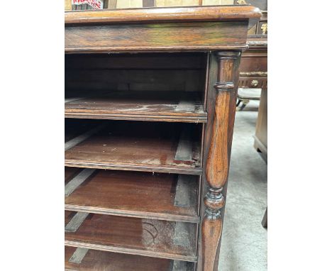 19TH C. ROSEWOOD OPEN PLAN CHEST, moulded top above baluster pilasters flanking four pull-out slides with inset cloth pads, s