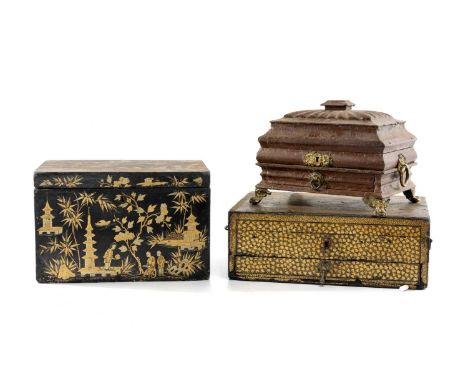 THREE 19TH C. BOXES, comprising Chinese black and gold lacquer work box, Chinese black and gold lacquer letter box, and Regen