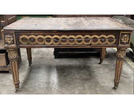 GEORGE III STYLE OAK LIBRARY TABLE, fitted all four sides with Vitruvian scroll carved draw fronts, foliate headed tapering f