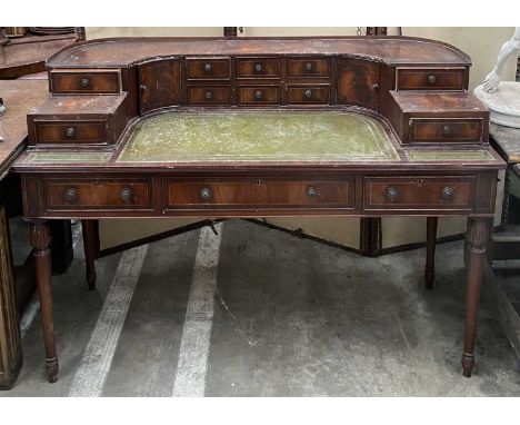 REGENCY STYLE MAHOGANY CARLTON HOUSE DESK, inlaid tooled leather writing surface, frieze drawers, tapering circular legs, 95 
