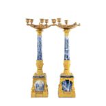 PAIR 19th C. FRENCH GILT BRONZE & MARBLE CANDELABRA, circular tops with five branches on column