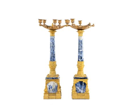 PAIR 19th C. FRENCH GILT BRONZE & MARBLE CANDELABRA, circular tops with five branches on column stems and square plinth bases