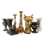 ASSORTED RESIN ORNAMENTS, in the antique taste, including pair of recumbent camels, pair of
