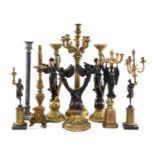 ASSORTED RESIN CANDELABRA & CANDLEHOLDERS, in the antique taste, some with winged angel supports,