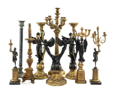 ASSORTED RESIN CANDELABRA & CANDLEHOLDERS, in the antique taste, some with winged angel supports, together with pair of tall,