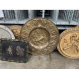 DECORATIVE WALL PLAQUES comprising white metal on copper Eastern plaque, brass relief wall plaque