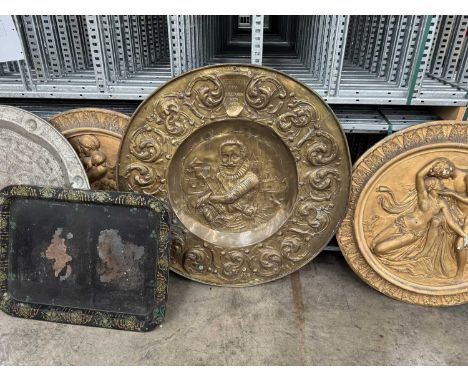 DECORATIVE WALL PLAQUES comprising white metal on copper Eastern plaque, brass relief wall plaque engraved "Henricus IV 1597"