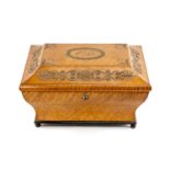 EARLY 19th C. SATIN MAPLE WORK BOX, sarcophagus form, hinged lid applied with cut steel work and