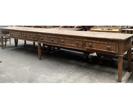 ANTIQUE 'COUNTRY HOUSE' PINE LONG DRESSER BASE, triple plank top, six fitted drawers (one missing), tapering square legs, 85 