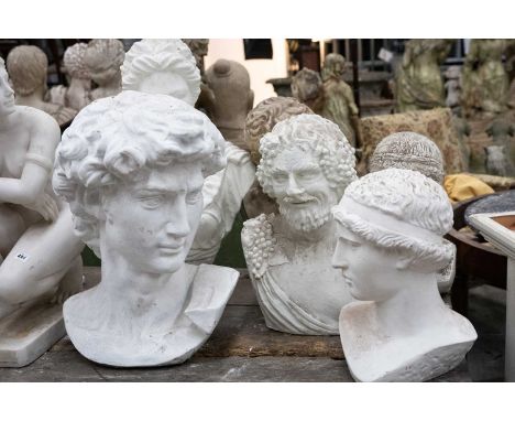 ASSORTED DECORATIVE BUSTS, including Greeks, Romans, etc. various materials, largest 72cms (h) (6)Provenance: The Cornelia Ba